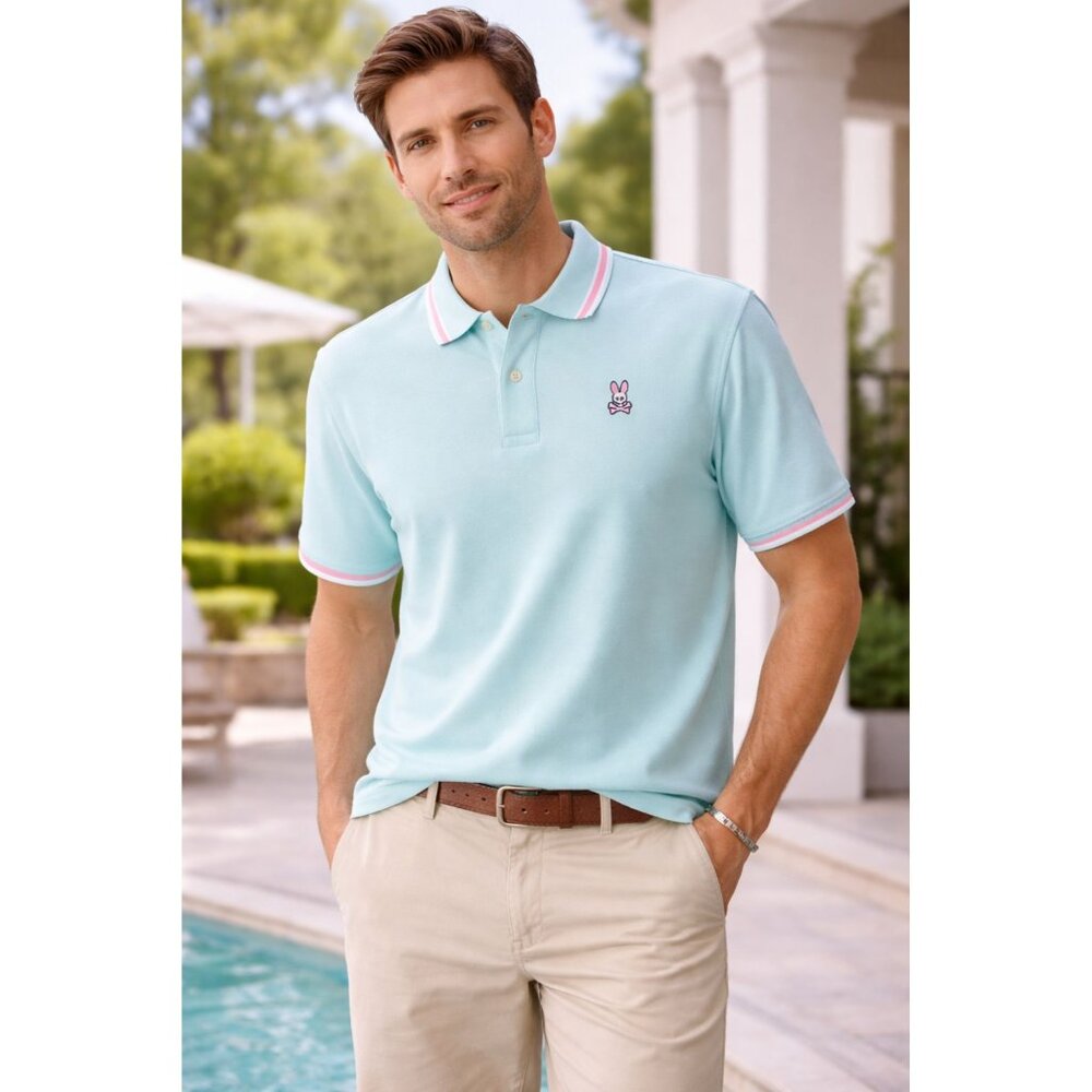 Psycho Bunny Mens Pale Blue W Pink Trim Pima Cotton Polo Shirt Sz 2XL